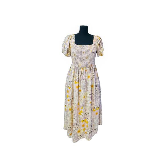 A.N.A Yellow Floral Smocked Midi Dress - Size Medium - Picture 2 of 10